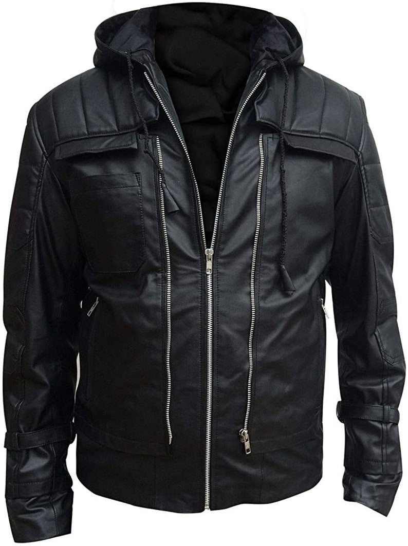 Jason T Men's Arkham Knight Batman Black Hooded Leather 2 in 1 Jacket & Vest