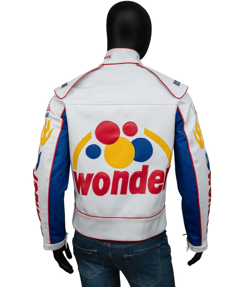 Talladega Nights Ricky Bobby Wonder White Motorcycle Leather Jacket For Men & Women