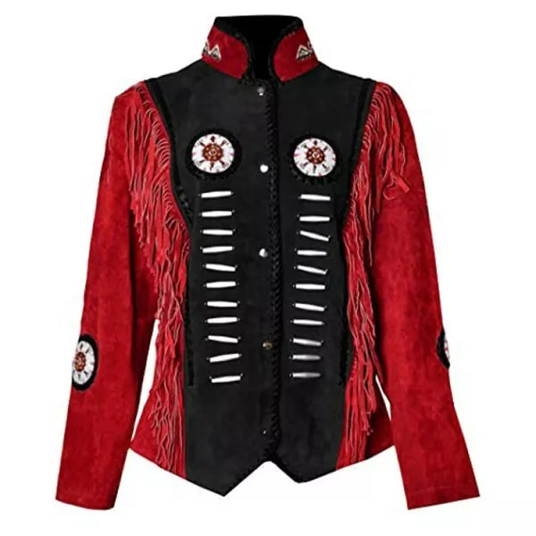 Women Suede Leather American Native Style Jacket Fringed & Beaded - Red  & Black