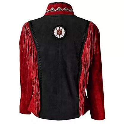 Women Suede Leather American Native Style Jacket Fringed & Beaded - Red  & Black