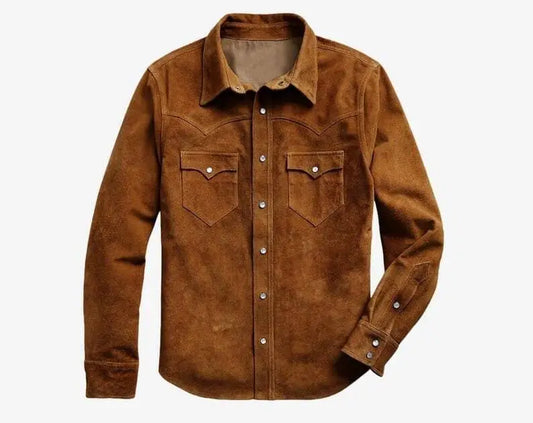 Men Suede Leather Trucker Premium Western Wear Shirt - Suede Leather Shirt