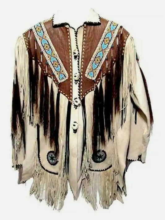 Men Western Cowboy Fringe Jacket Beaded Native American Real Leather Jacket