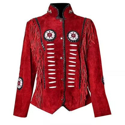 Women Red Suede Leather American Native Western Style Jacket Fringed & Beaded