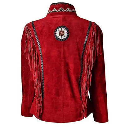 Women Red Suede Leather American Native Western Style Jacket Fringed & Beaded