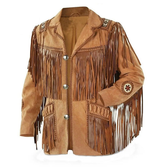 Men Western Cowboy Suede Fringe Jacket Beaded Native American Leather Jacket