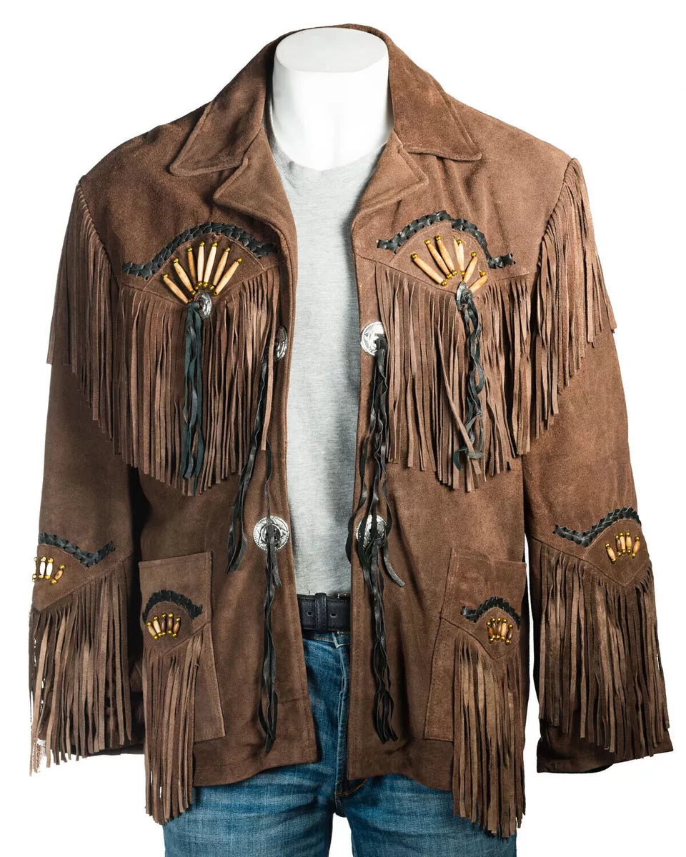 Men Western Cowboy Suede Fringe Jacket Beaded Native American Leather Jacket