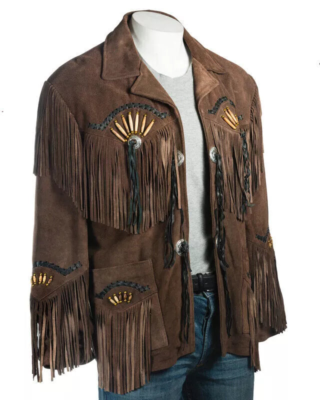 Men Western Cowboy Suede Fringe Jacket Beaded Native American Leather Jacket