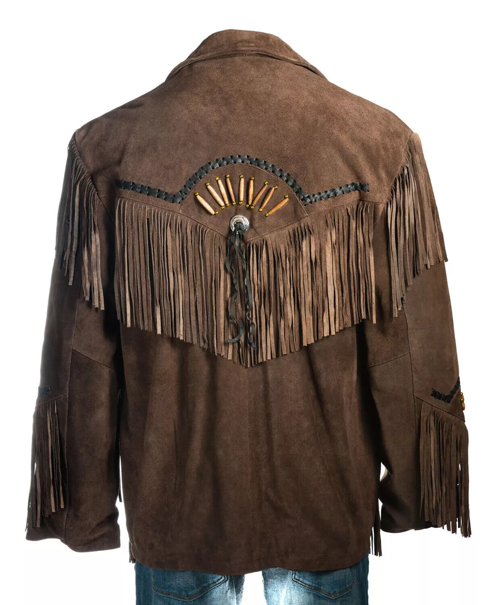 Men Western Cowboy Suede Fringe Jacket Beaded Native American Leather Jacket