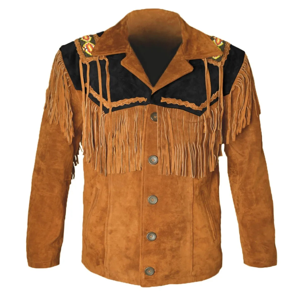 Men Western Cowboy Suede Fringe Jacket Beaded Native American Leather Jacket