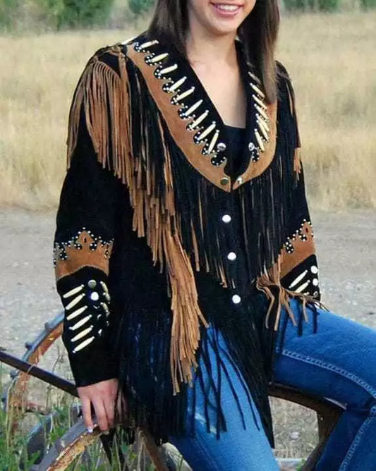 Women Native American Western Cowboy Leather Jacket Suede Contrast Fringe & Bead