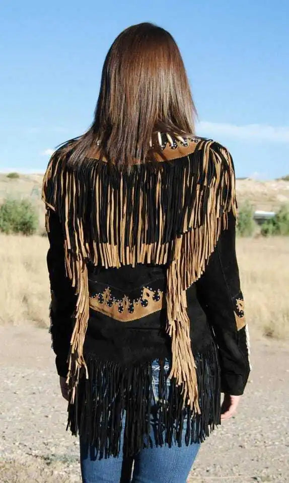 Women Native American Western Cowboy Leather Jacket Suede Contrast Fringe & Bead