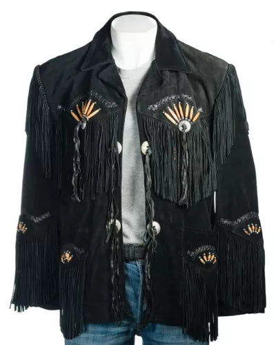 Men Western Cowboy Suede Fringe Jacket Beaded Native American Leather Jacket