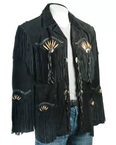 Men Western Cowboy Suede Fringe Jacket Beaded Native American Leather Jacket