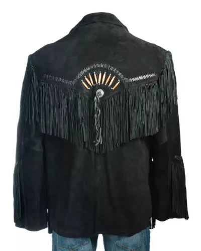 Men Western Cowboy Suede Fringe Jacket Beaded Native American Leather Jacket